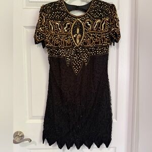 Vintage 80’s/90’s Silk Black Gold Dress Petite Medium Gatsby Event Night Out